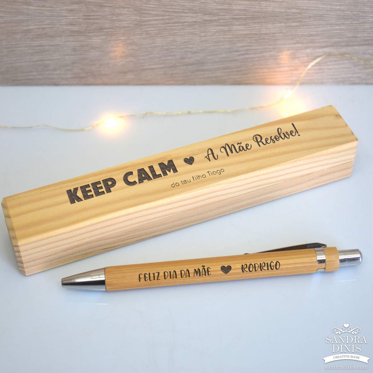 Caixa madeira pinho com caneta Keep Calm - Mãe