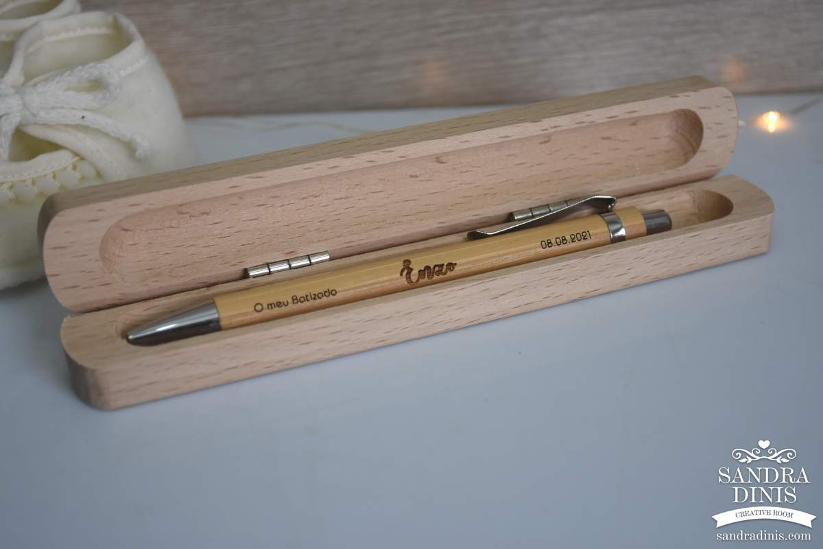 Caixa madeira com caneta - batizado