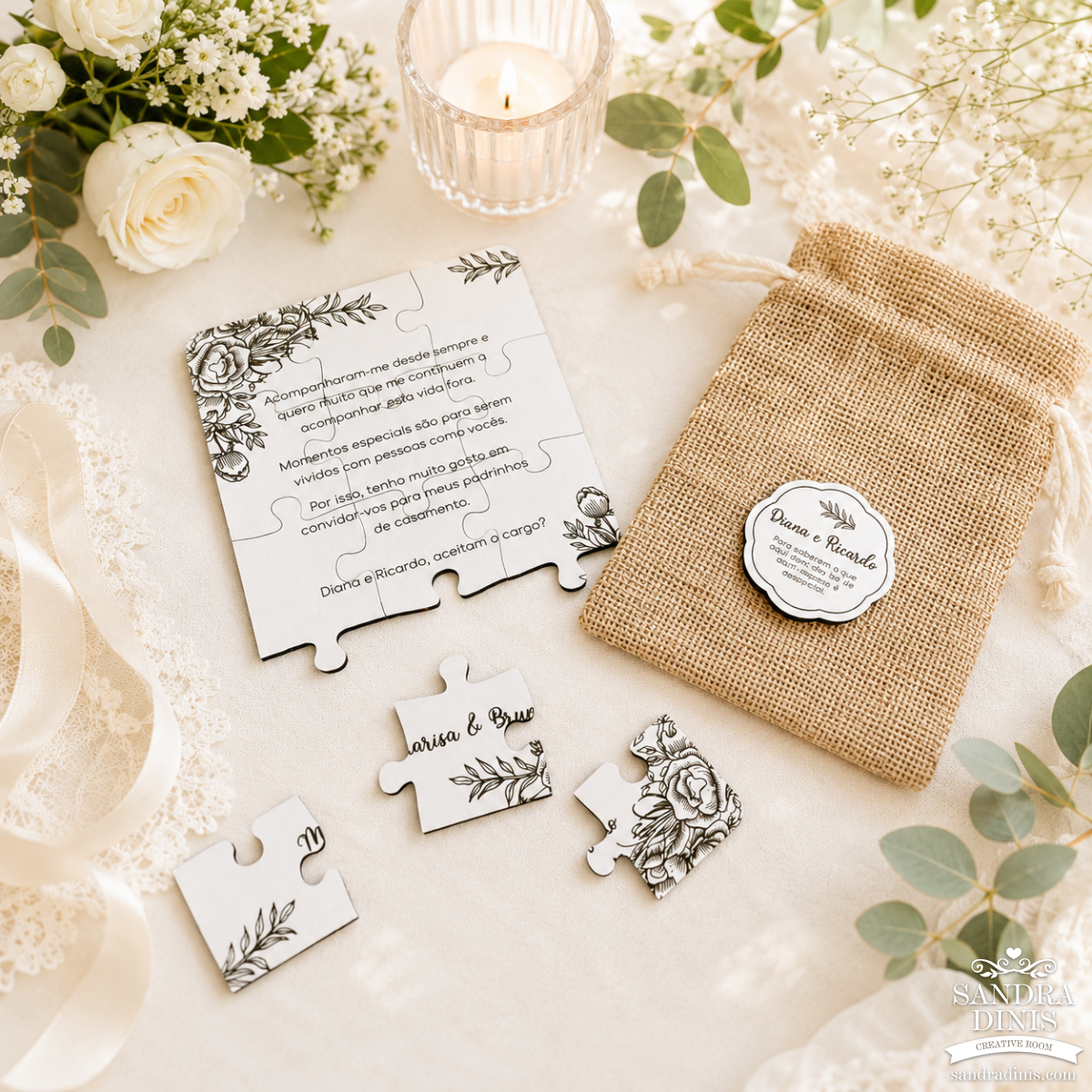 Puzzle convite padrinhos de casamento - em saquinho 