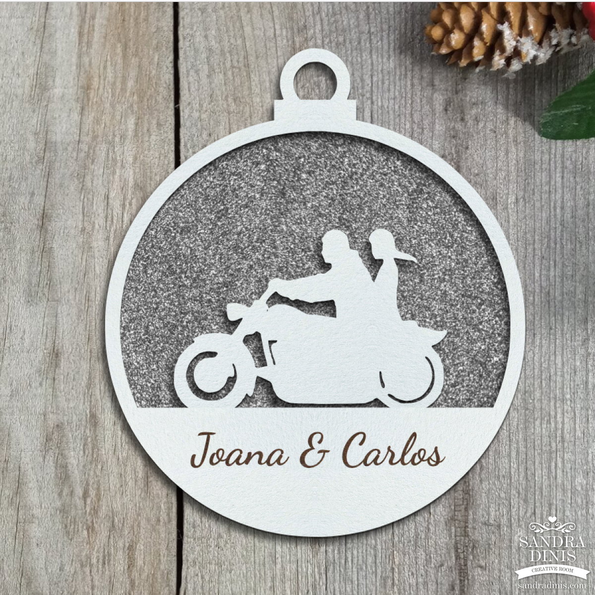 Bola de Natal casal tema motos vários modelos