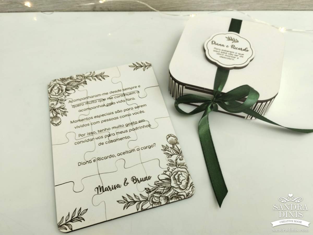 Puzzle convite padrinho / madrinha de casamento - em caixinha