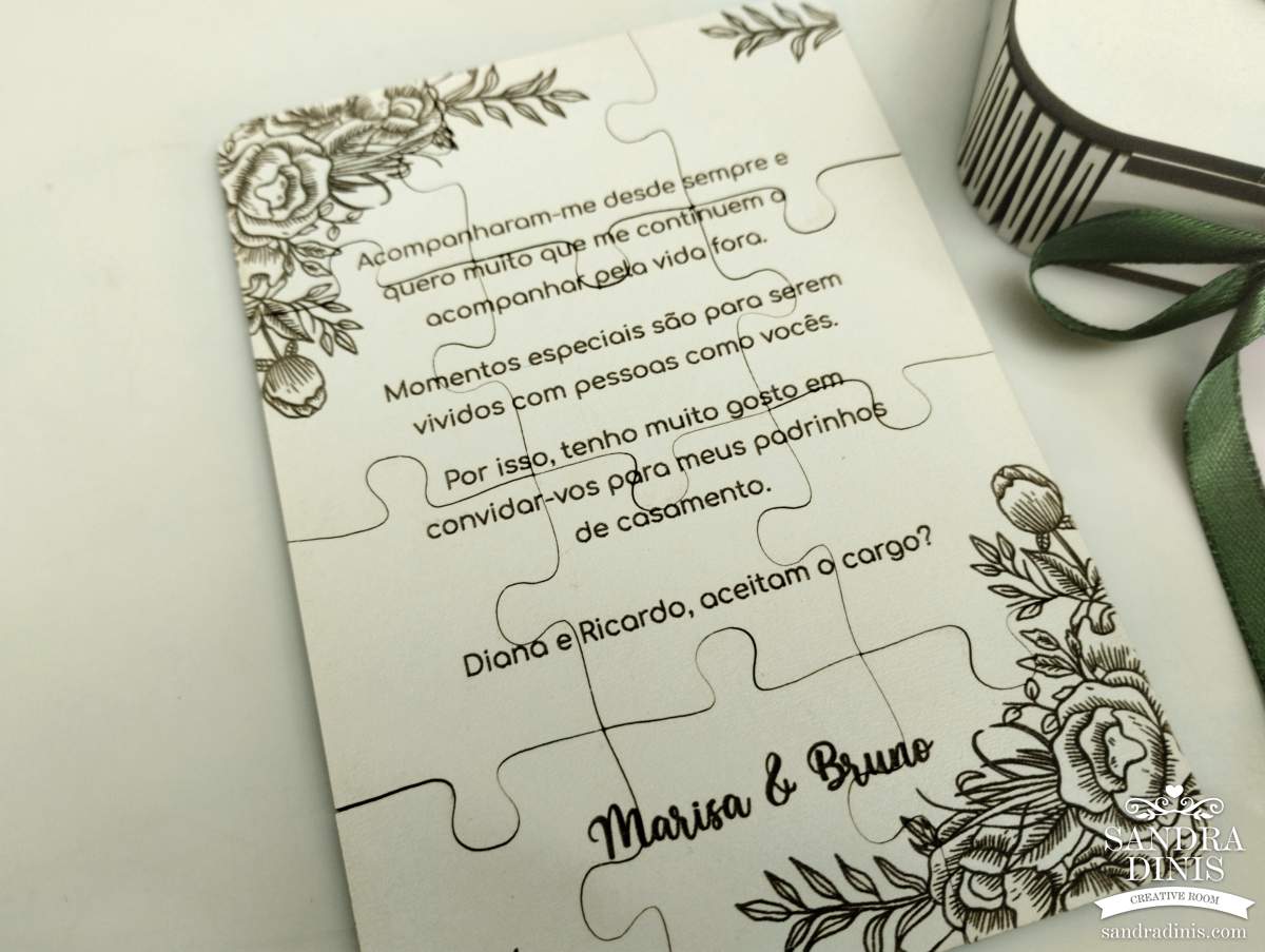 Puzzle convite padrinho / madrinha de casamento - em caixinha