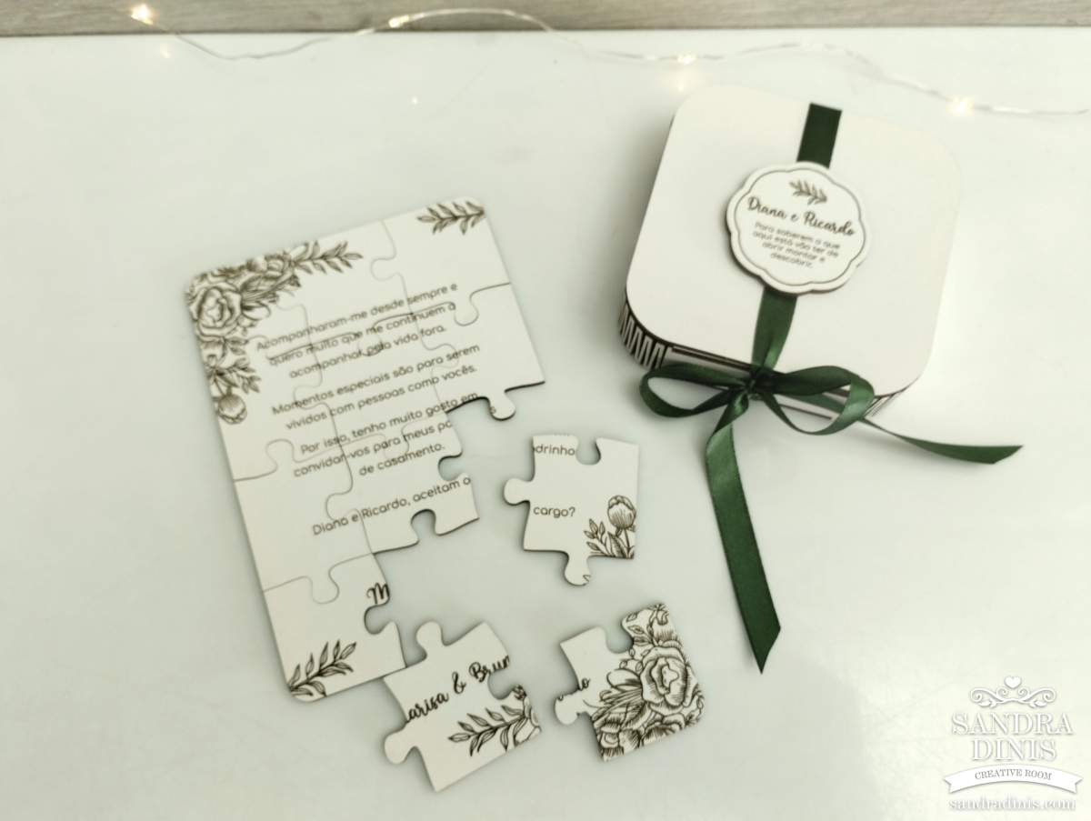 Puzzle convite padrinho / madrinha de casamento - em caixinha