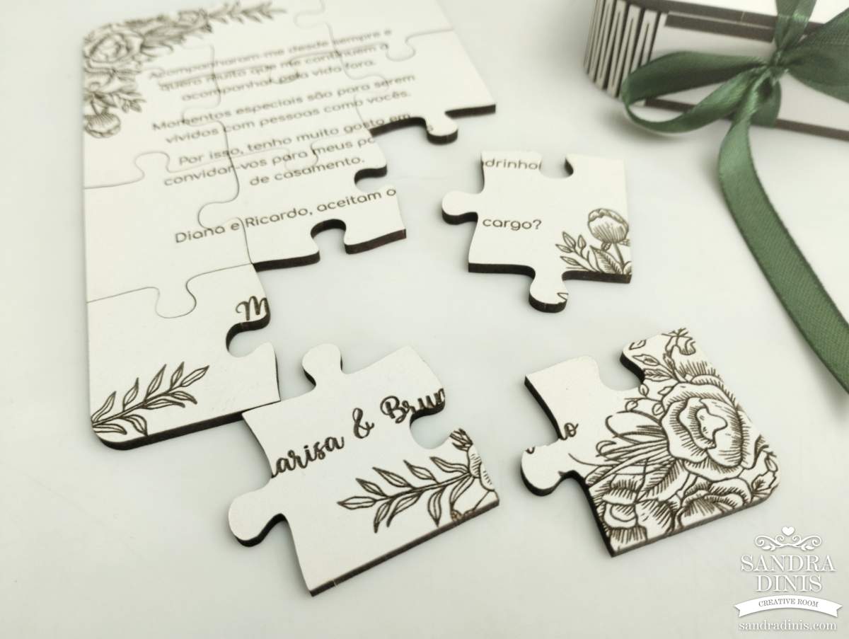 Puzzle convite padrinho / madrinha de casamento - em caixinha