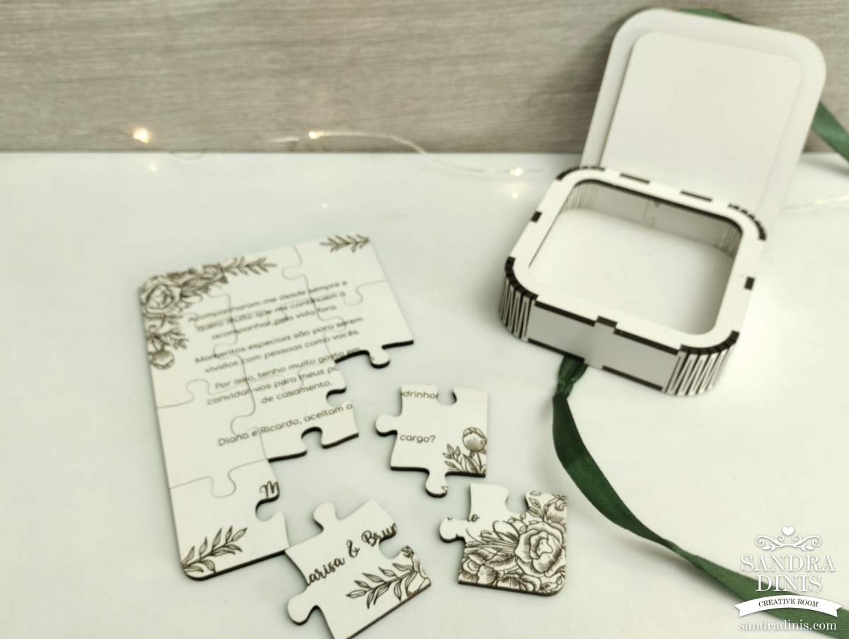 Puzzle convite padrinho / madrinha de casamento - em caixinha