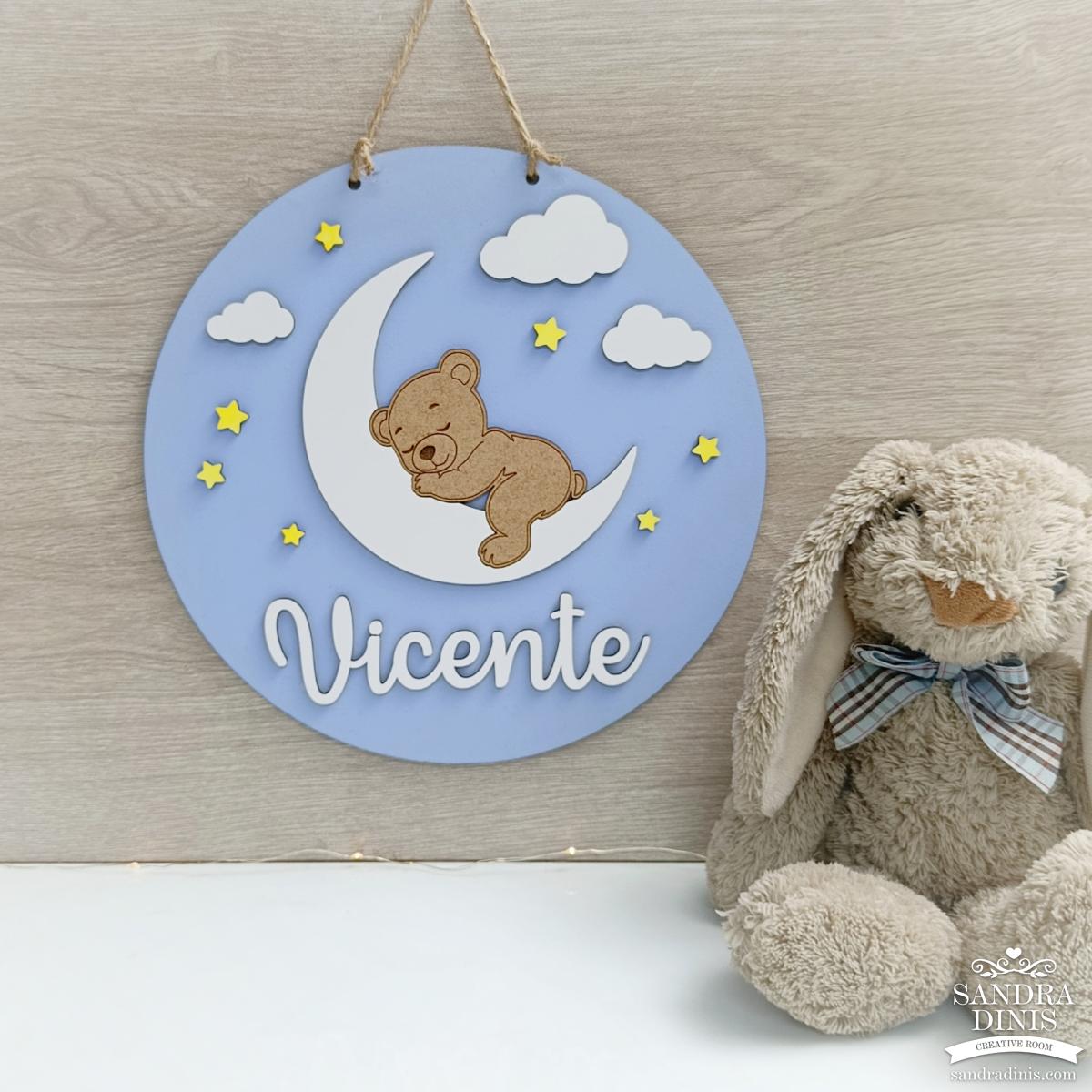Placa criança ursinho na lua Bons Sonhos - para porta / quarto