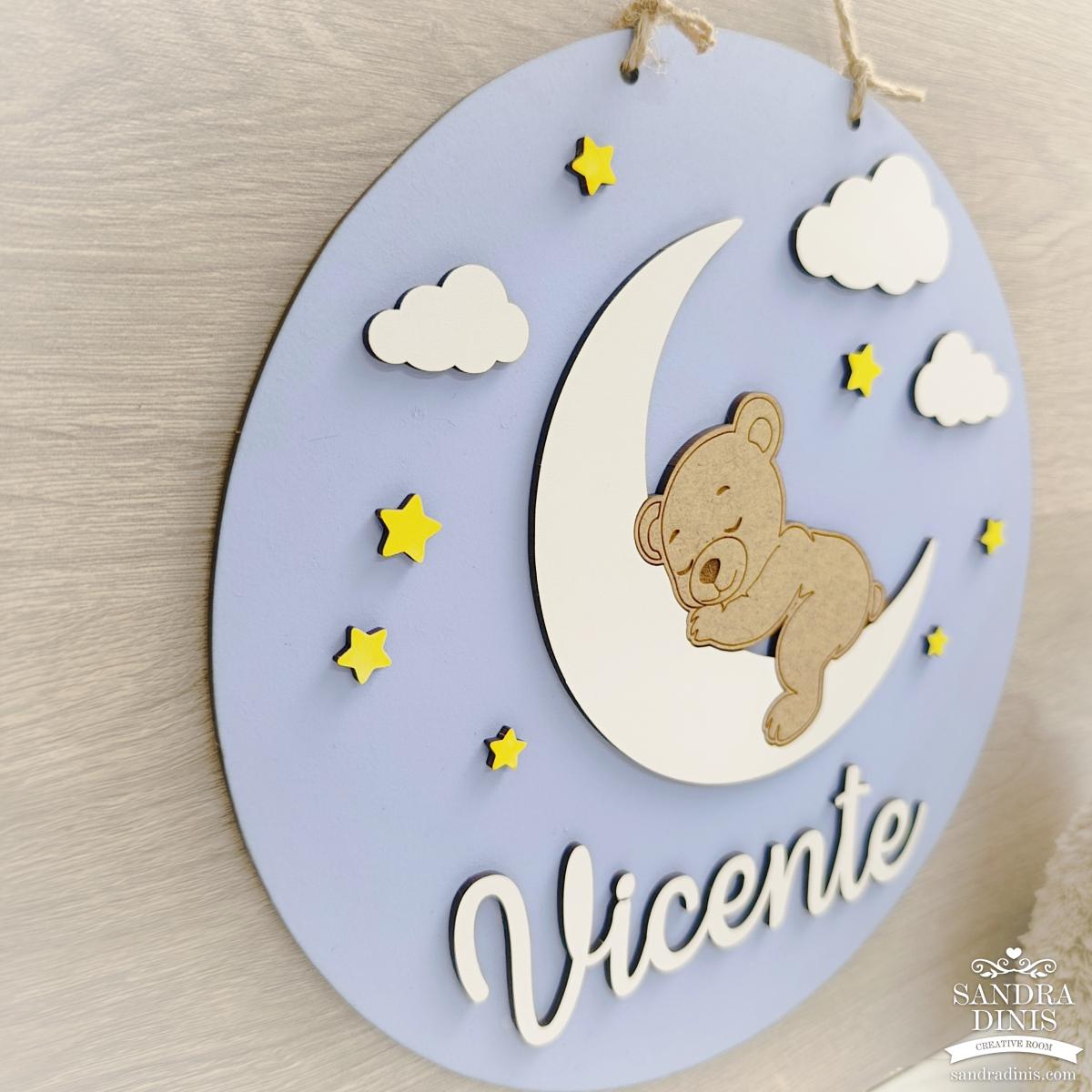 Placa criança ursinho na lua Bons Sonhos - para porta / quarto