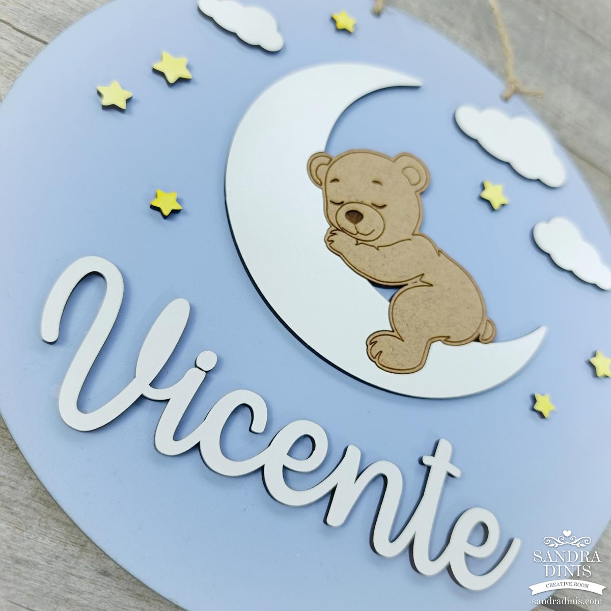 Placa criança ursinho na lua Bons Sonhos - para porta / quarto