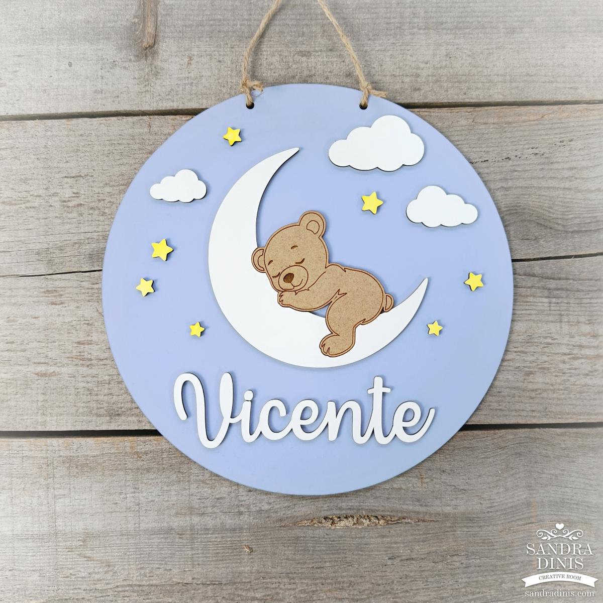 Placa criança ursinho na lua Bons Sonhos - para porta / quarto