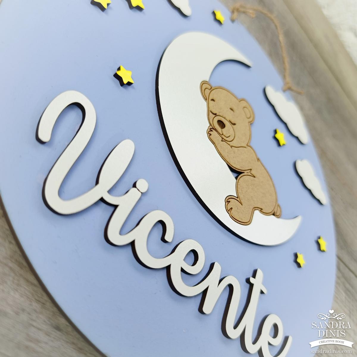 Placa criança ursinho na lua Bons Sonhos - para porta / quarto