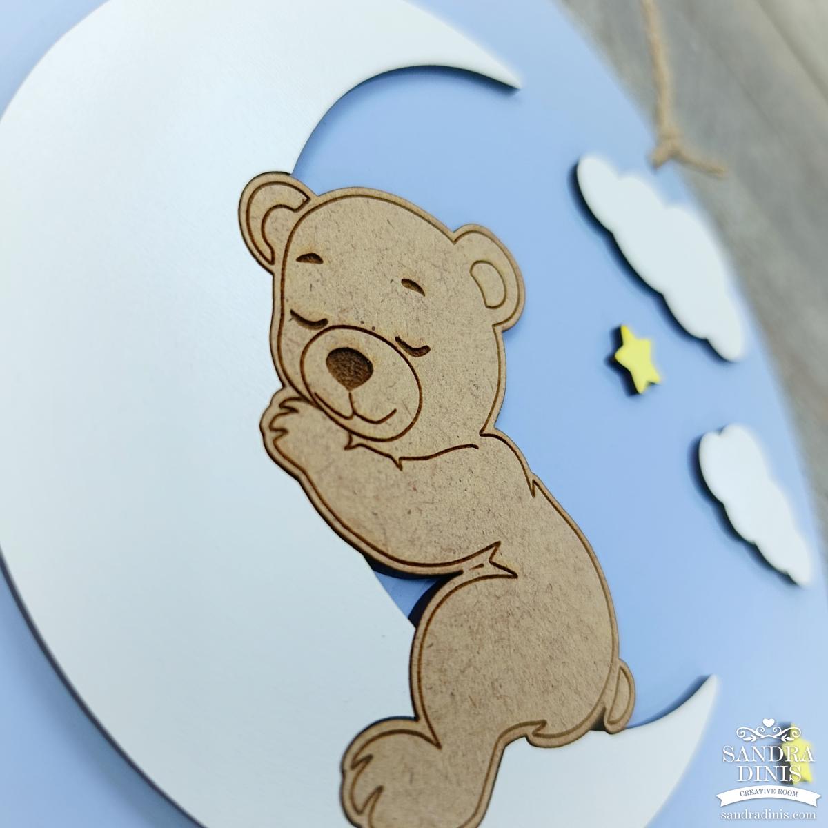 Placa criança ursinho na lua Bons Sonhos - para porta / quarto