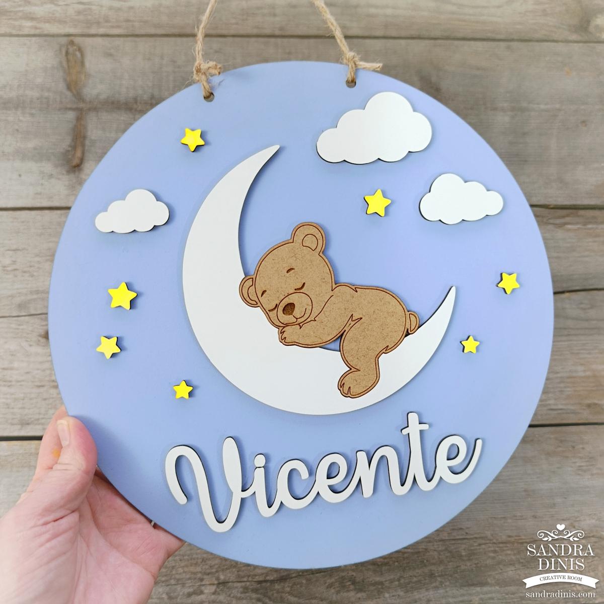 Placa criança ursinho na lua Bons Sonhos - para porta / quarto