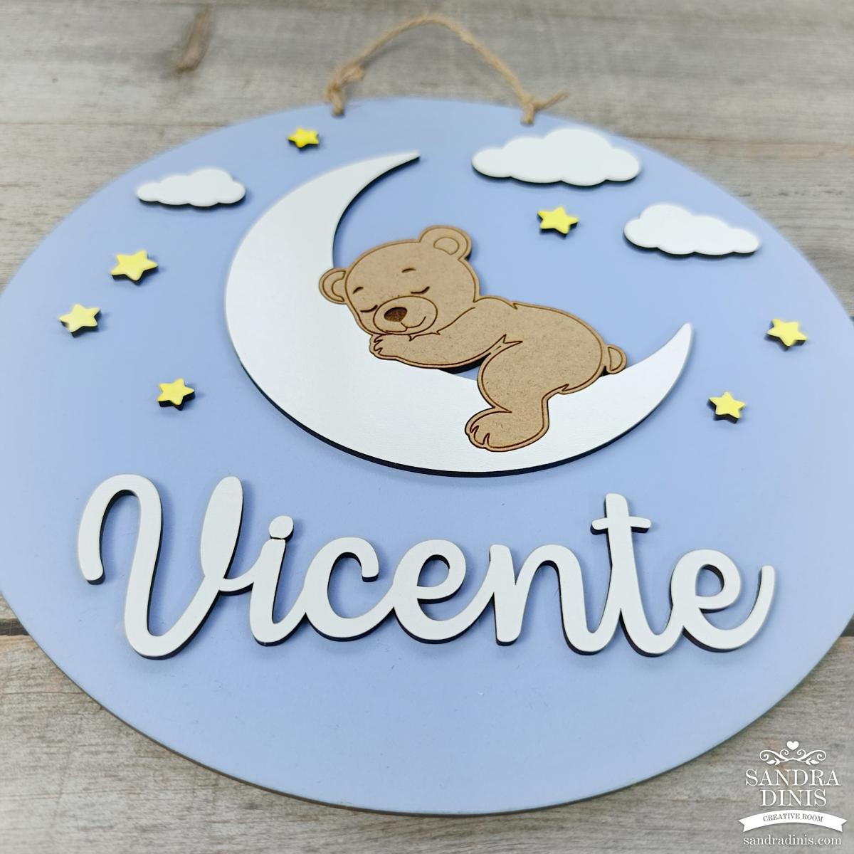 Placa criança ursinho na lua Bons Sonhos - para porta / quarto