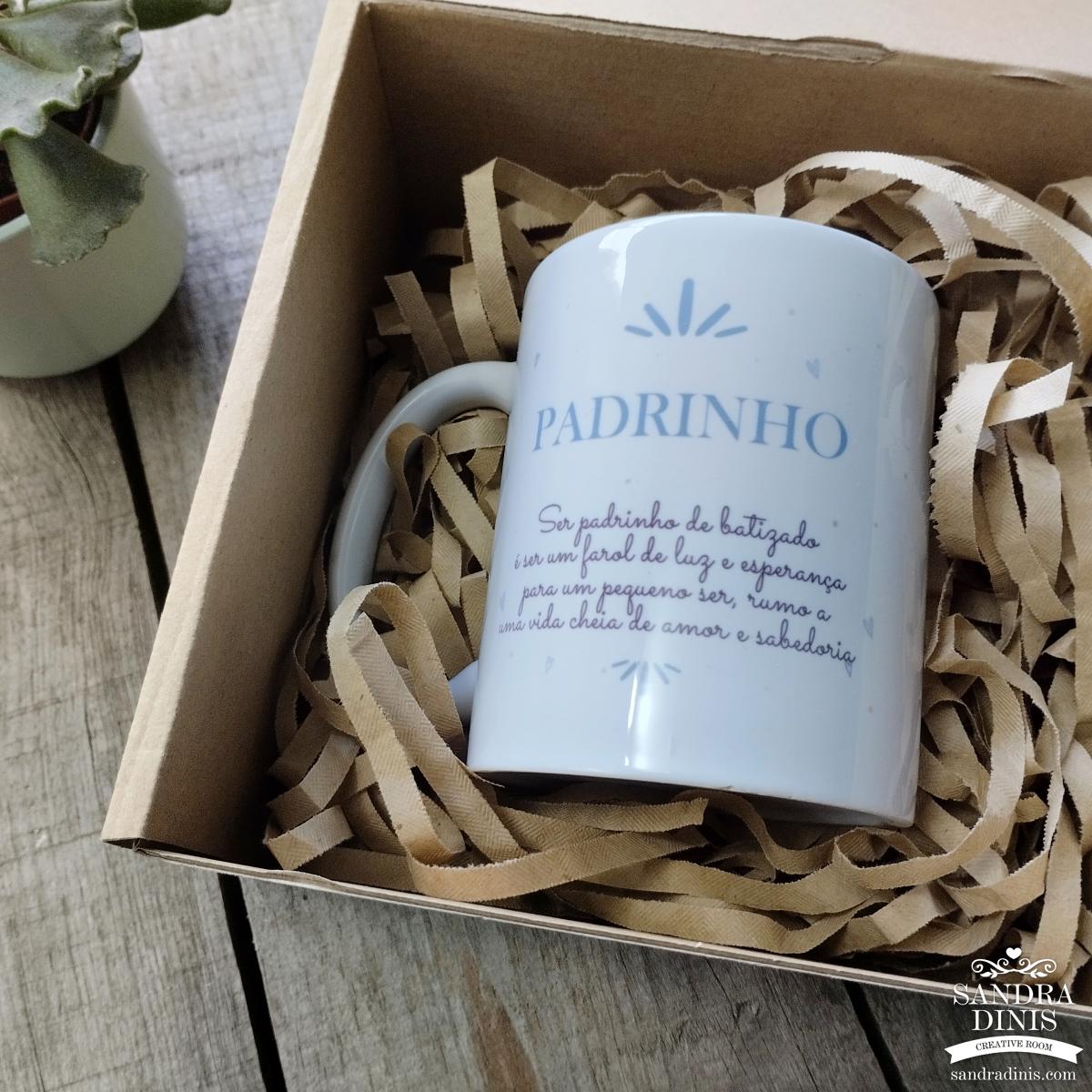Caneca em caixa convite padrinho batismo V2