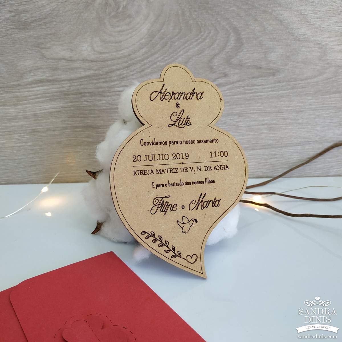 Convite Casamento Coração de Viana com envelope - personalizado