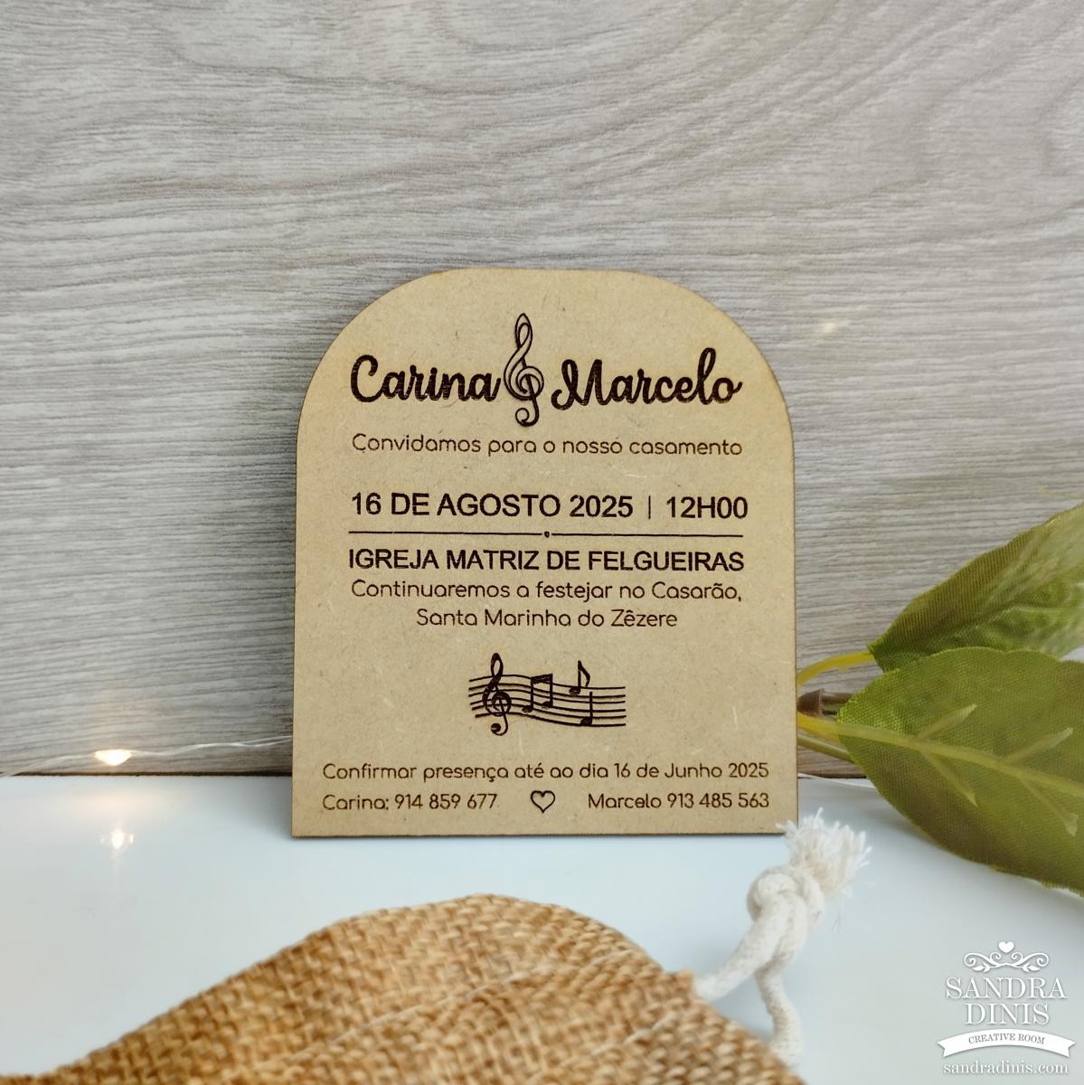 Convite Casamento tema música em saquinho