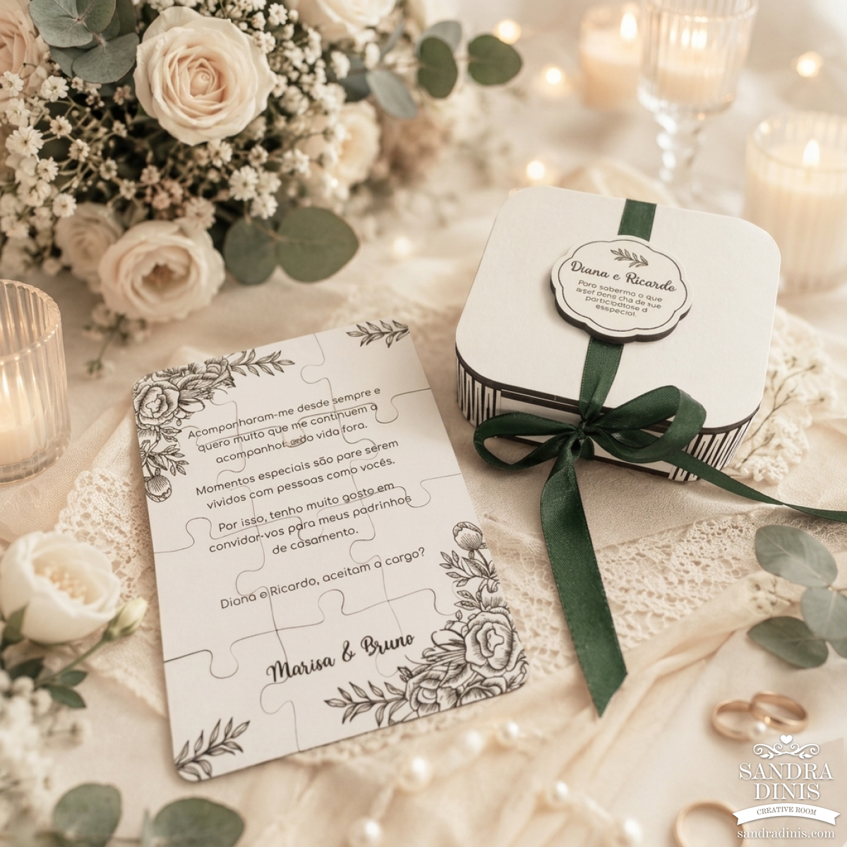 Puzzle convite padrinhos de casamento - em caixinha