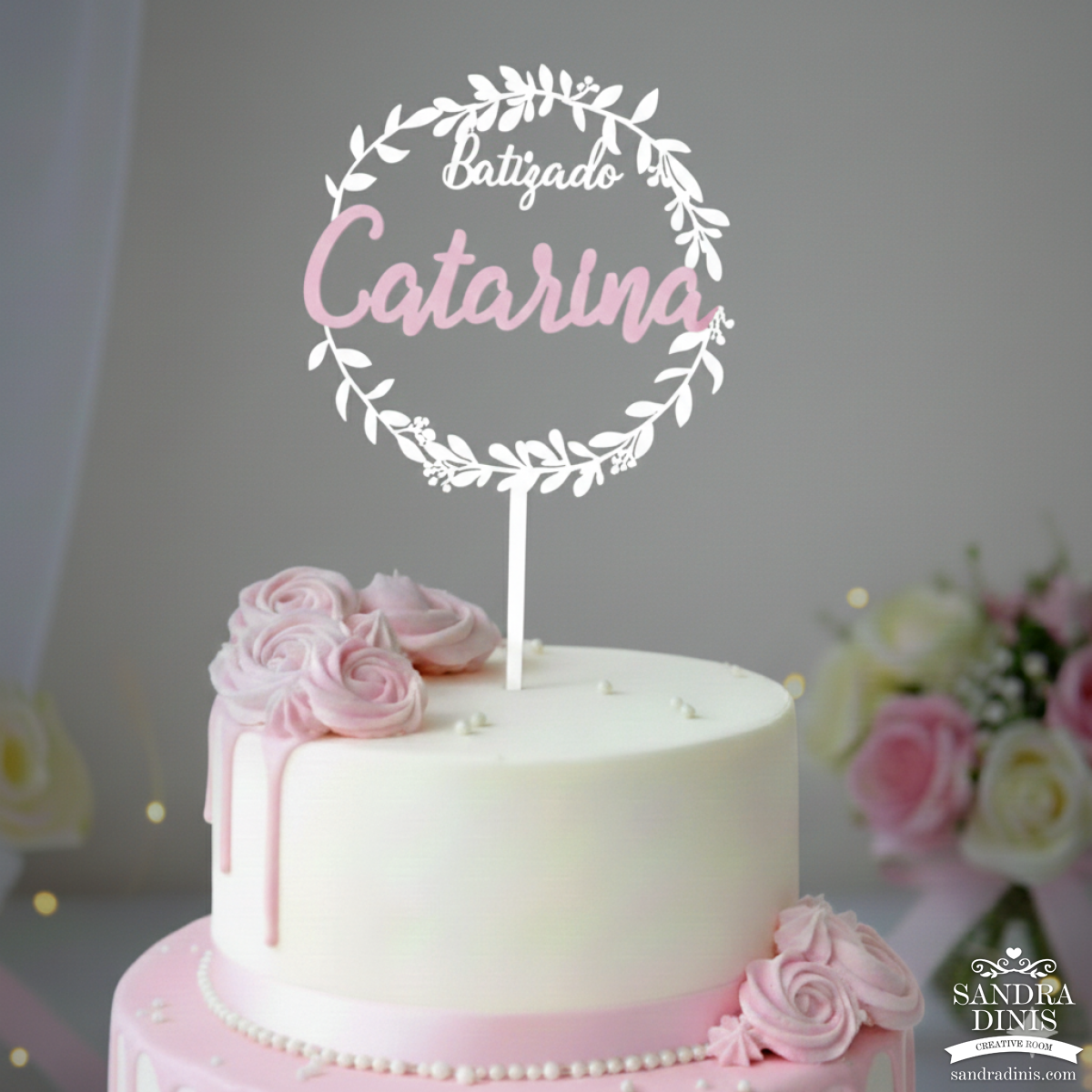 Topo de Bolo Floral Batizado com cor