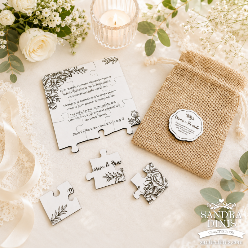 Puzzle convite padrinhos de casamento - em saquinho 