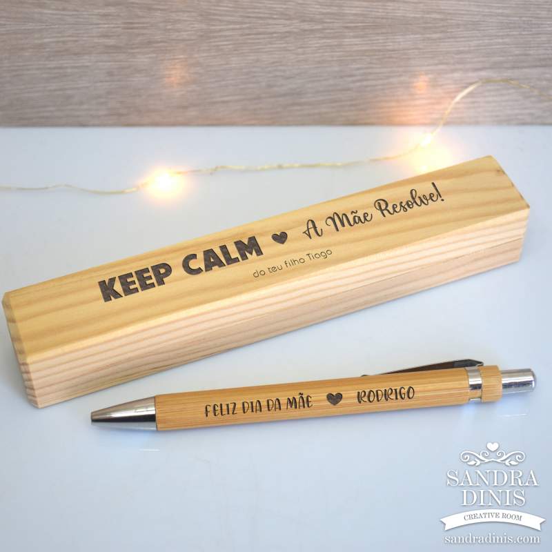 Caixa madeira pinho com caneta Keep Calm - Mãe