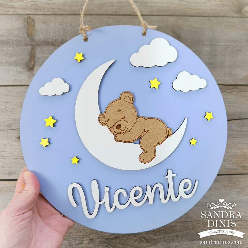 Placa criança ursinho na lua Bons Sonhos - para porta / quarto