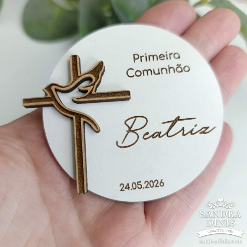 Íman comunhão batizado com pomba e cruz 