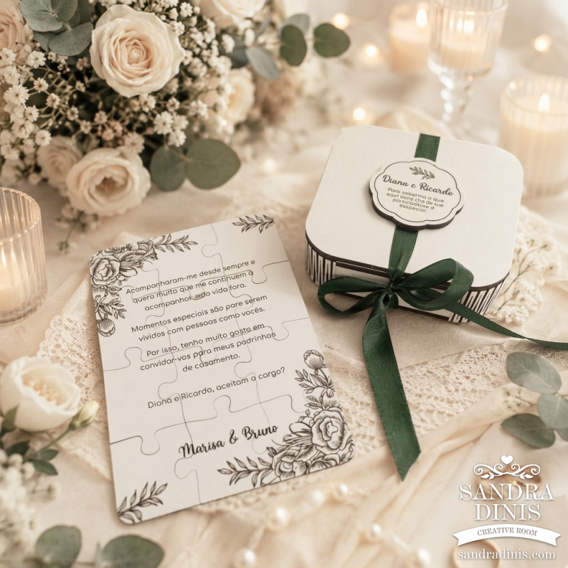 Puzzle convite padrinhos de casamento - em caixinha