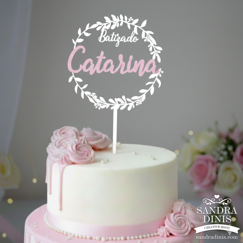 Topo de Bolo Floral Batizado com cor